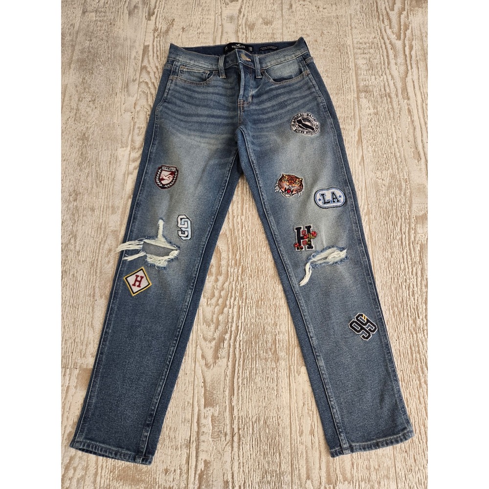 Hollister Low Rise Crop Boyfriend Jeans Patched Distressed Medium Wash Sz 24